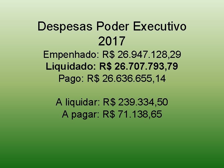 Despesas Poder Executivo 2017 Empenhado: R$ 26. 947. 128, 29 Liquidado: R$ 26. 707.