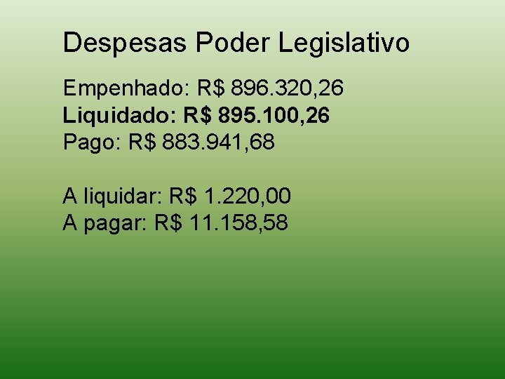 Despesas Poder Legislativo Empenhado: R$ 896. 320, 26 Liquidado: R$ 895. 100, 26 Pago:
