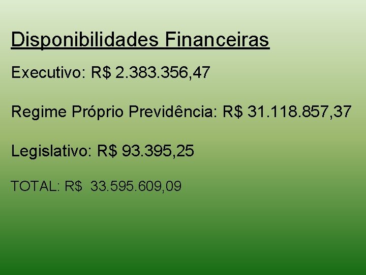 Disponibilidades Financeiras Executivo: R$ 2. 383. 356, 47 Regime Próprio Previdência: R$ 31. 118.