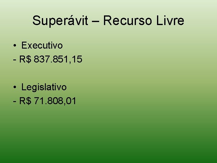 Superávit – Recurso Livre • Executivo - R$ 837. 851, 15 • Legislativo -