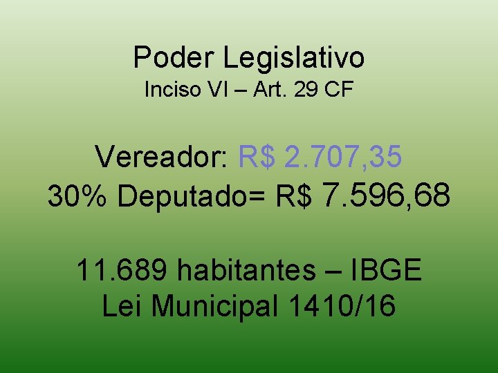 Poder Legislativo Inciso VI – Art. 29 CF Vereador: R$ 2. 707, 35 30%