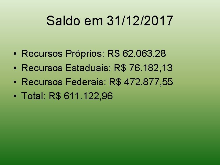Saldo em 31/12/2017 • • Recursos Próprios: R$ 62. 063, 28 Recursos Estaduais: R$