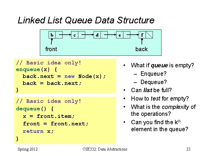 Linked List Queue Data Structure b c d e f front back // Basic