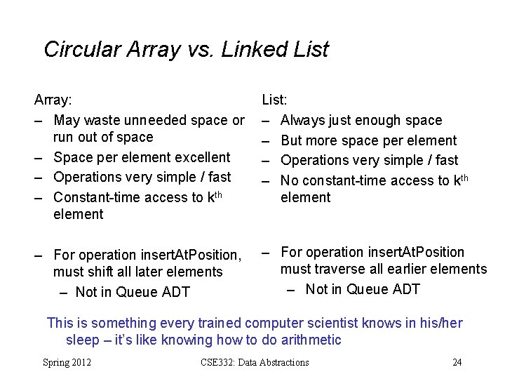 Circular Array vs. Linked List Array: – May waste unneeded space or run out