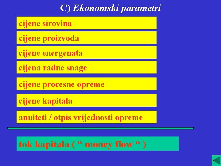 C) Ekonomski parametri cijene sirovina cijene proizvoda cijene energenata cijena radne snage cijene procesne