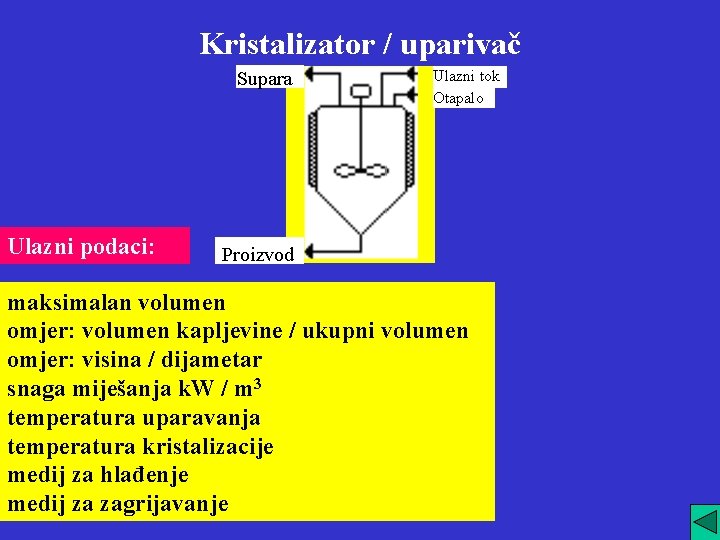 Kristalizator / uparivač Supara Ulazni podaci: Ulazni tok Otapalo Proizvod maksimalan volumen omjer: volumen