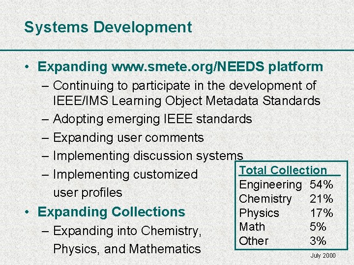 Systems Development • Expanding www. smete. org/NEEDS platform – Continuing to participate in the