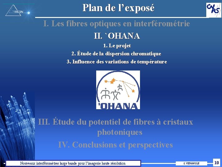 Plan de l’exposé I. Les fibres optiques en interférométrie II. `OHANA 1. Le projet