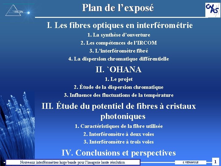 Plan de l’exposé I. Les fibres optiques en interférométrie 1. La synthèse d’ouverture 2.