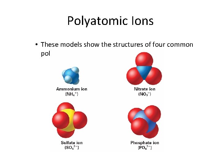 9. 1 Polyatomic Ions • These models show the structures of four common polyatomic