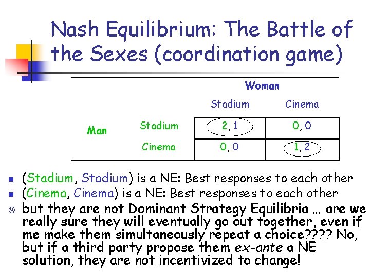 Nash Equilibrium: The Battle of the Sexes (coordination game) Woman Man n n L