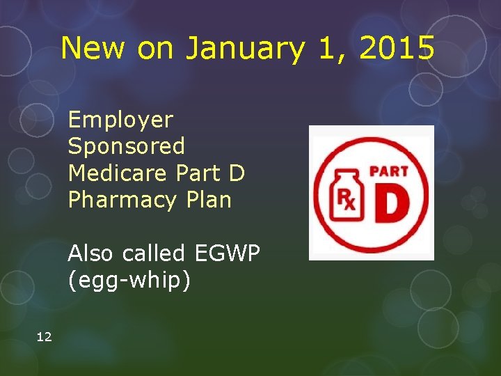 New on January 1, 2015 Employer Sponsored Medicare Part D Pharmacy Plan Also called