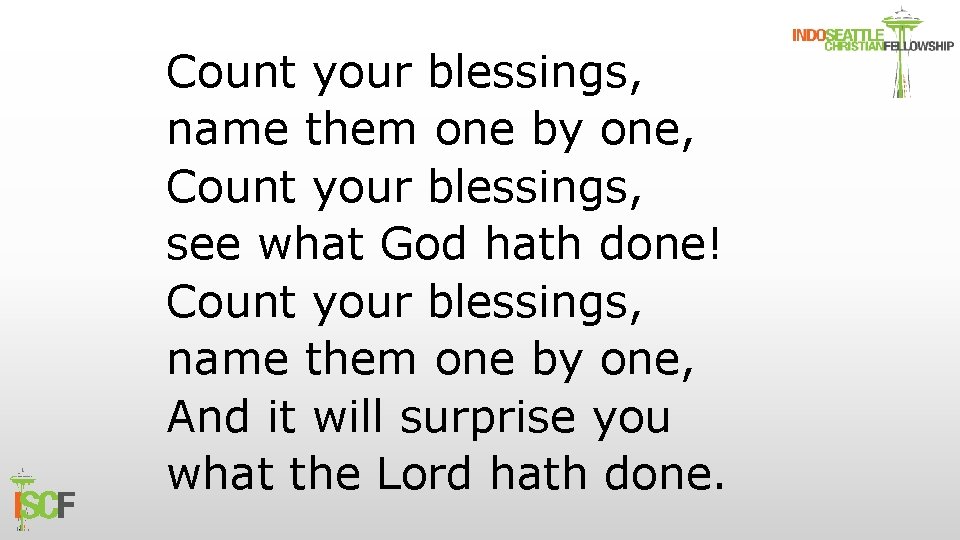 Count your blessings, name them one by one, Count your blessings, see what God