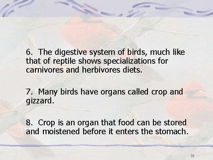 6. The digestive system of birds, much like that of reptile shows specializations for