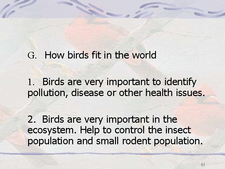 G. How birds fit in the world 1. Birds are very important to identify