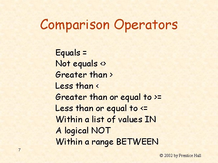 Comparison Operators Equals = Not equals <> Greater than > Less than < Greater