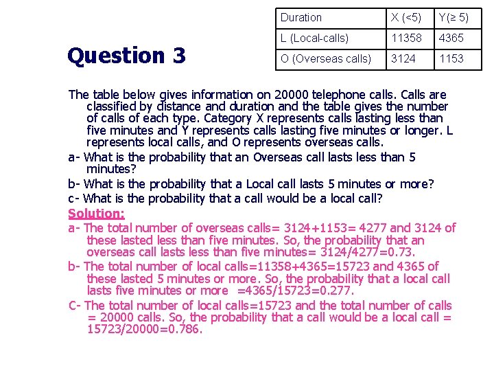 Question 3 Duration X (<5) Y(≥ 5) L (Local-calls) 11358 4365 O (Overseas calls)