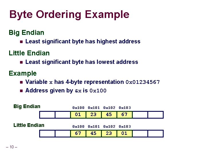 Byte Ordering Example Big Endian n Least significant byte has highest address Little Endian