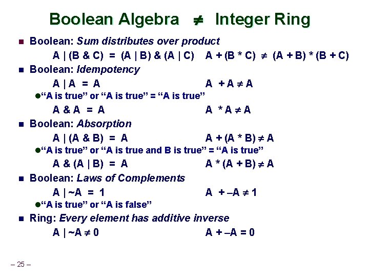 Boolean Algebra Integer Ring n n Boolean: Sum distributes over product A | (B