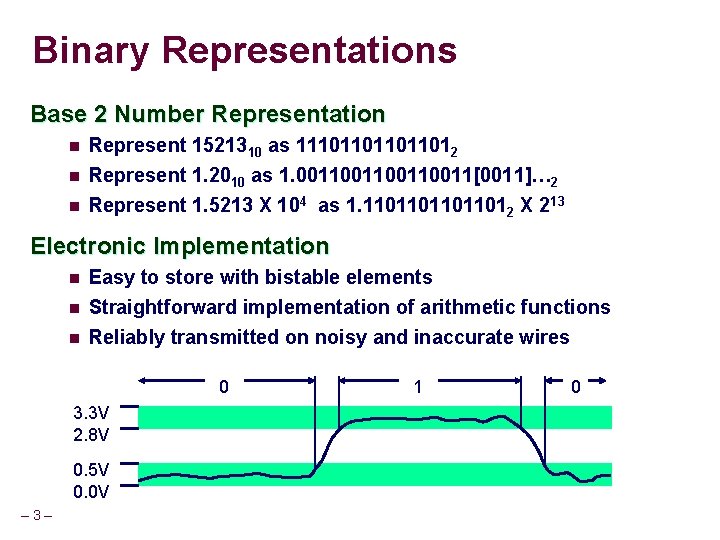 Binary Representations Base 2 Number Representation n Represent 1521310 as 111011012 n Represent 1.