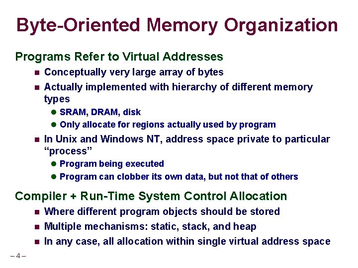 Byte-Oriented Memory Organization Programs Refer to Virtual Addresses n Conceptually very large array of