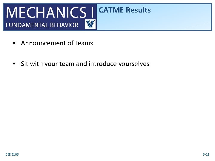 CATME Results • Announcement of teams • Sit with your team and introduce yourselves