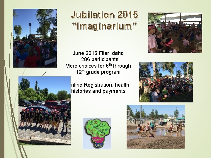 Jubilation 2015 “Imaginarium” June 2015 Filer Idaho 1286 participants More choices for 6 th