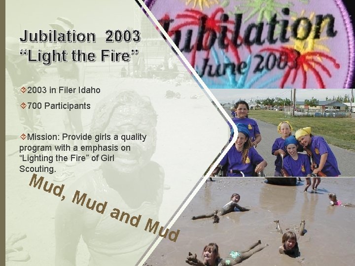 Jubilation 2003 “Light the Fire” 2003 in Filer Idaho 700 Participants Mission: Provide girls