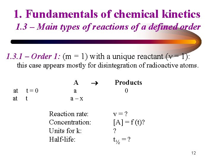 1. Fundamentals of chemical kinetics 1. 3 – Main types of reactions of a