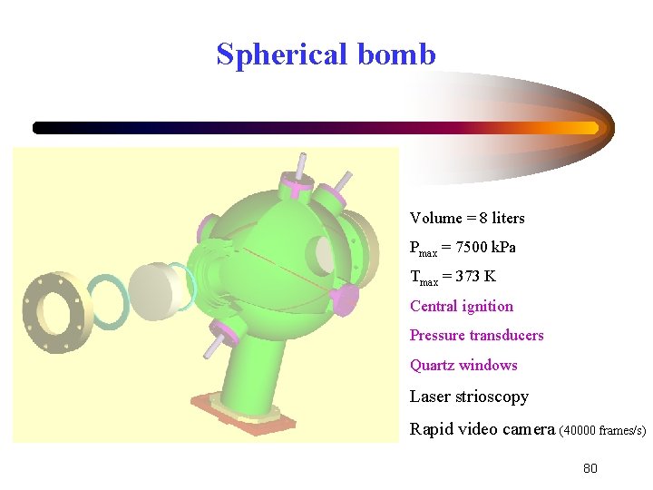 Spherical bomb Volume = 8 liters Pmax = 7500 k. Pa Tmax = 373