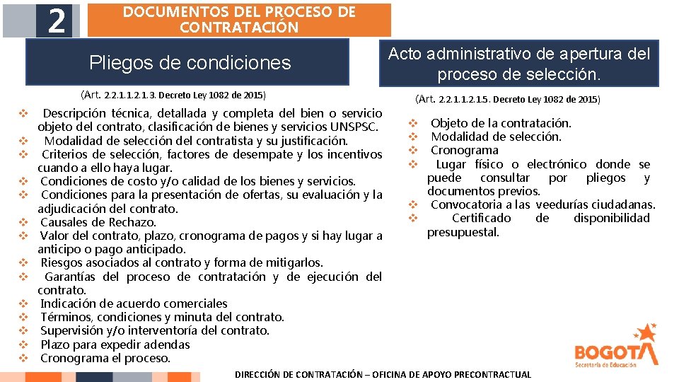 2 DOCUMENTOS DEL PROCESO DE CONTRATACIÓN Pliegos de condiciones (Art. 2. 2. 1. 1.
