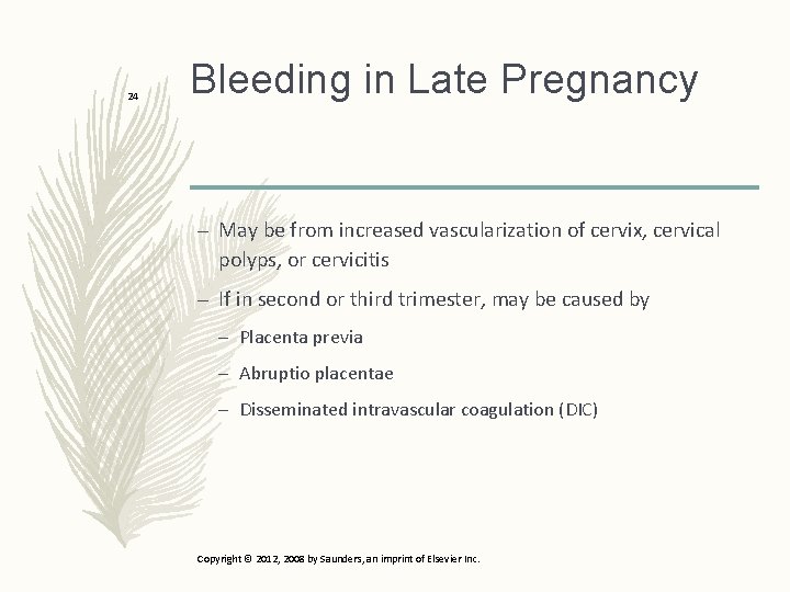 24 Bleeding in Late Pregnancy – May be from increased vascularization of cervix, cervical