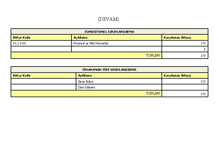 (DEVAM) FONKSİYONEL SINIFLANDIRMA Bütçe Kodu Açıklama 01. 1. 2. 00 Finansal ve Mali Hizmetler