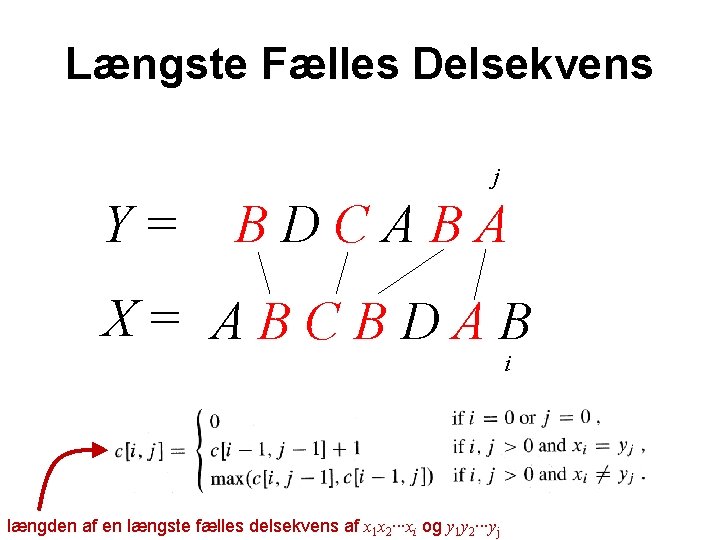 Længste Fælles Delsekvens j Y= BDCABA X= ABCBDAB i længden af en længste fælles
