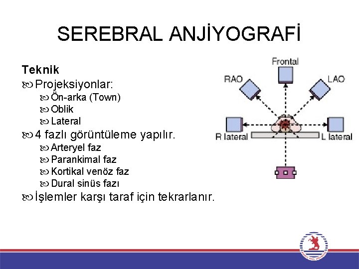 SEREBRAL ANJİYOGRAFİ Teknik Projeksiyonlar: Ön-arka (Town) Oblik Lateral 4 fazlı görüntüleme yapılır. Arteryel faz