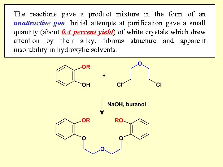 The reactions gave a product mixture in the form of an unattractive goo. Initial