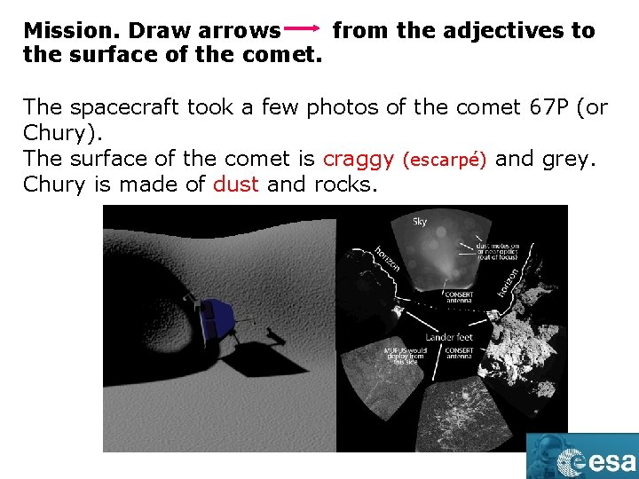 Mission. Draw arrows from the adjectives to the surface of the comet. The spacecraft