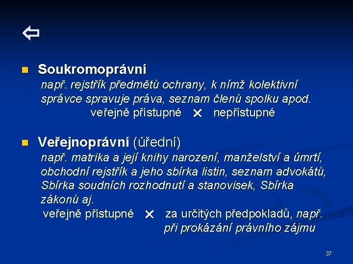  n Soukromoprávní např. rejstřík předmětů ochrany, k nímž kolektivní správce spravuje práva, seznam