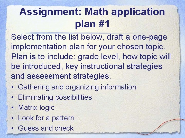 Assignment: Math application plan #1 Select from the list below, draft a one-page implementation Assignment: Math application plan #1 Select from the list below, draft a one-page implementation