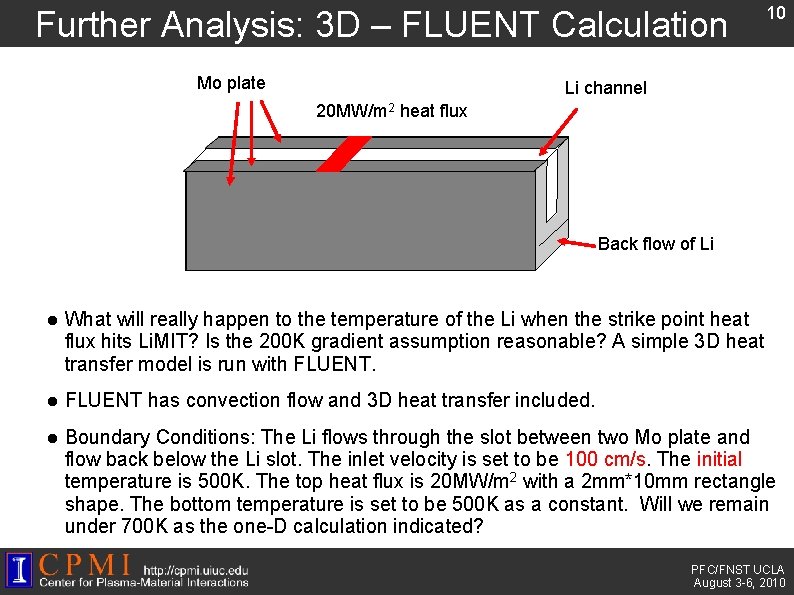 Further Analysis: 3 D – FLUENT Calculation Mo plate 10 Li channel 20 MW/m