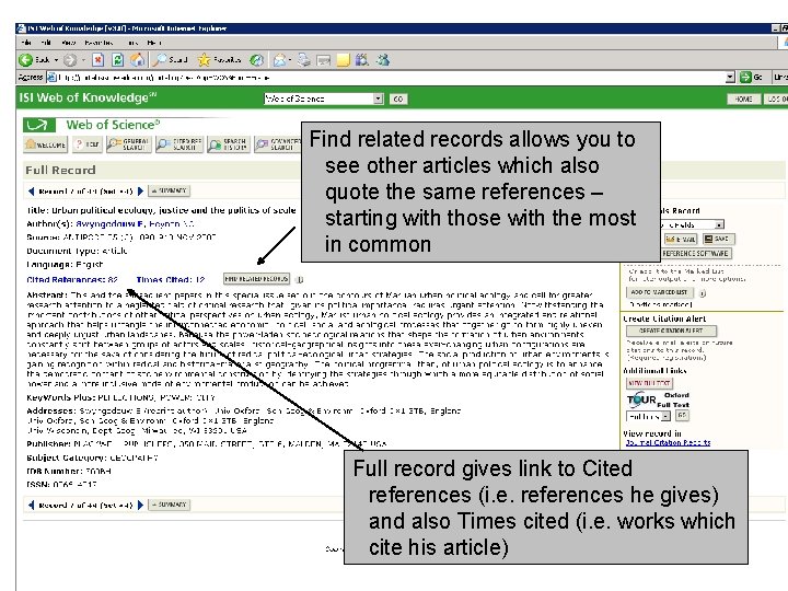 Find related records allows you to see other articles which also quote the same