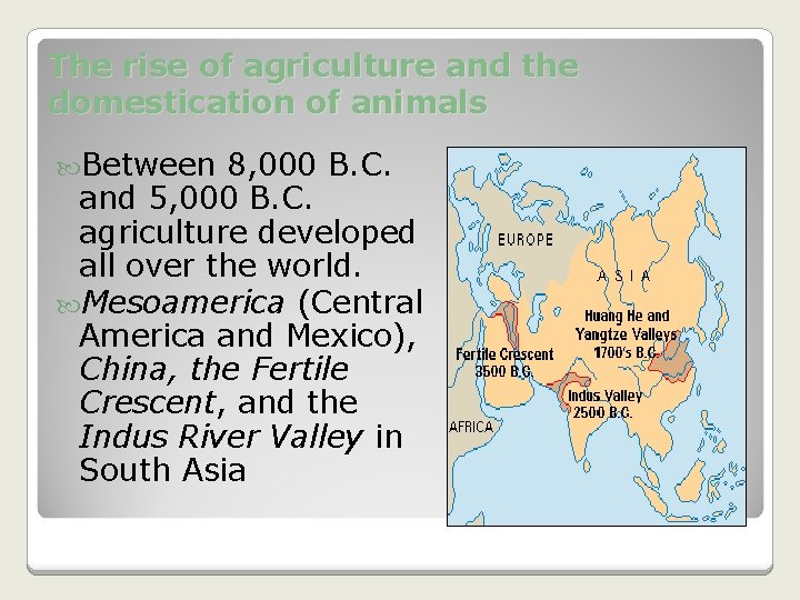 The rise of agriculture and the domestication of animals Between 8, 000 B. C. The rise of agriculture and the domestication of animals Between 8, 000 B. C.