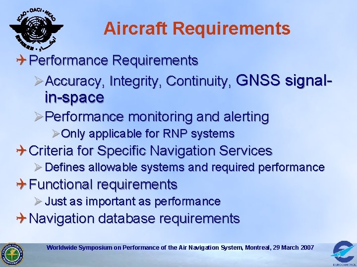 Aircraft Requirements Q Performance Requirements ØAccuracy, Integrity, Continuity, GNSS signal- in-space ØPerformance monitoring and