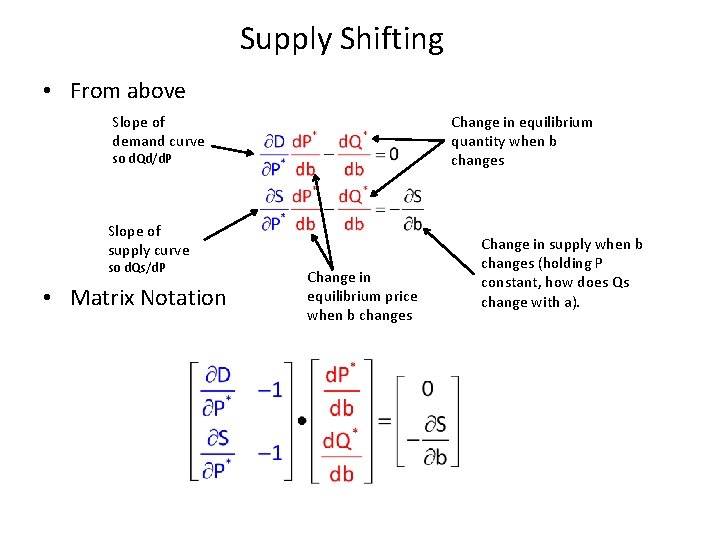 Supply Shifting • From above Slope of demand curve Change in equilibrium quantity when