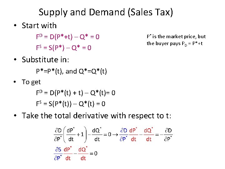 Supply and Demand (Sales Tax) • Start with FD = D(P*+t) – Q* =