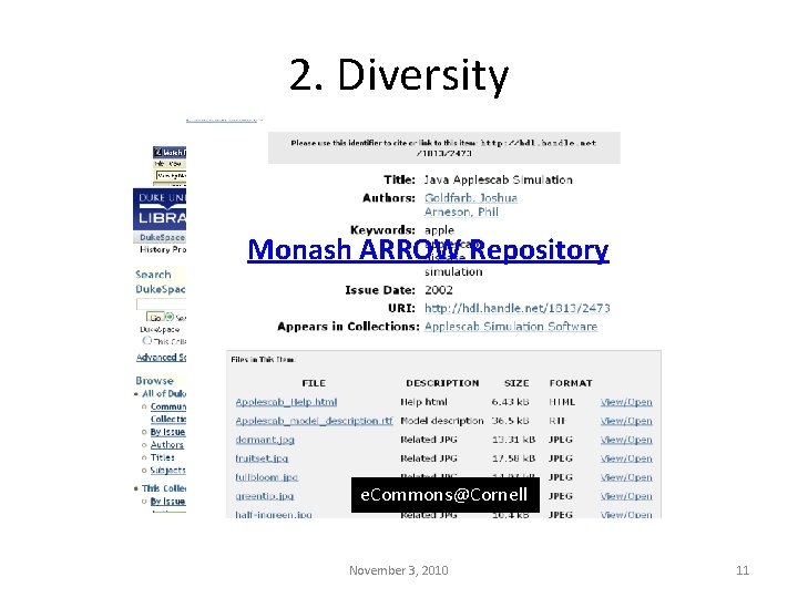 2. Diversity Chiba University Repository Monash ARROW Repository e. Commons@Cornell November 3, 2010 11