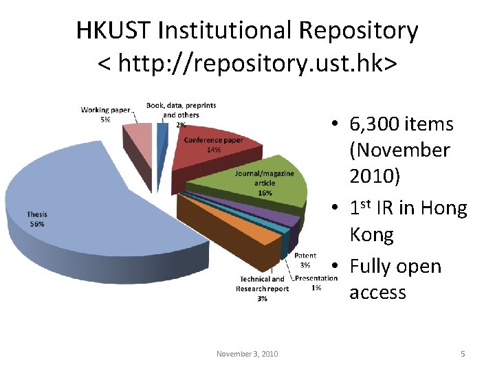 HKUST Institutional Repository < http: //repository. ust. hk> • 6, 300 items (November 2010)