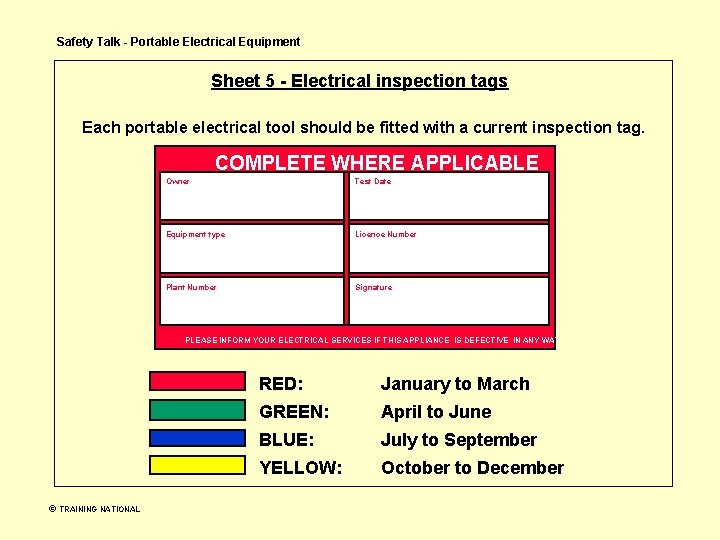 Safety Talk - Portable Electrical Equipment Sheet 5 - Electrical inspection tags Each portable Safety Talk - Portable Electrical Equipment Sheet 5 - Electrical inspection tags Each portable