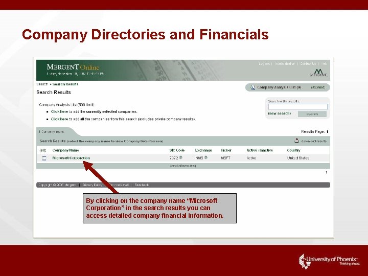Company Directories and Financials By clicking on the company name “Microsoft Corporation” in the