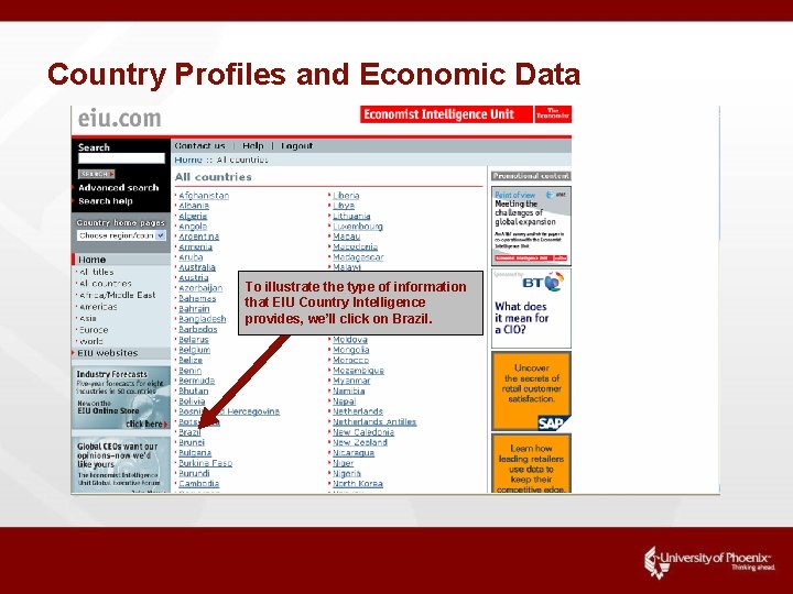Country Profiles and Economic Data To illustrate the type of information that EIU Country